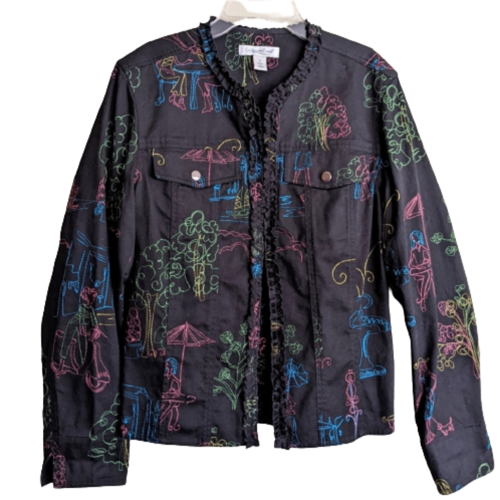 Coldwater Creek Jacket Black Embroidered Artsy Colorful Size M